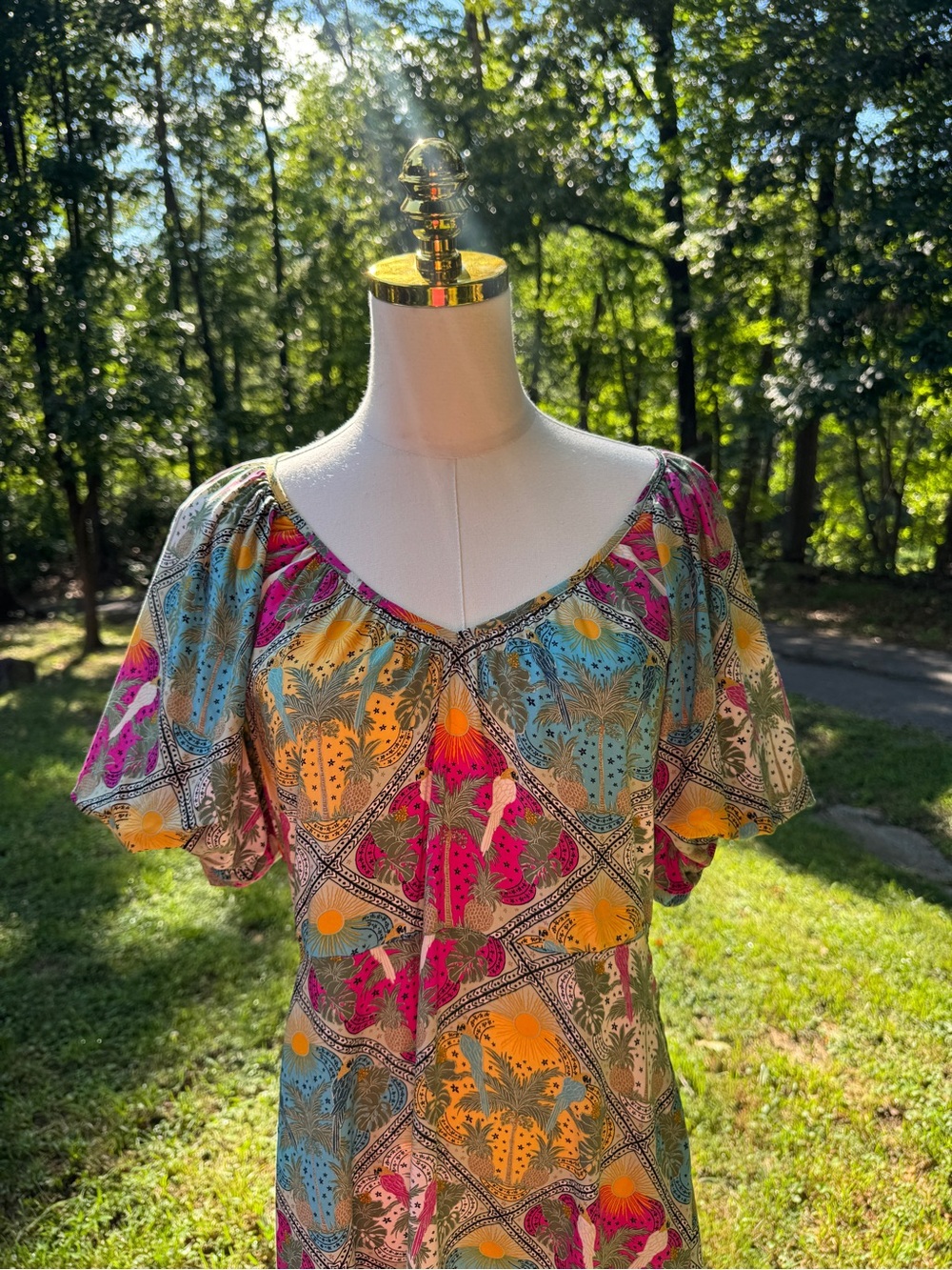 LOFT Floral Puff Sleeve V-Neck Swing Midi Dress Size 4 Vacation Resort Cruise - Picture 9 of 17